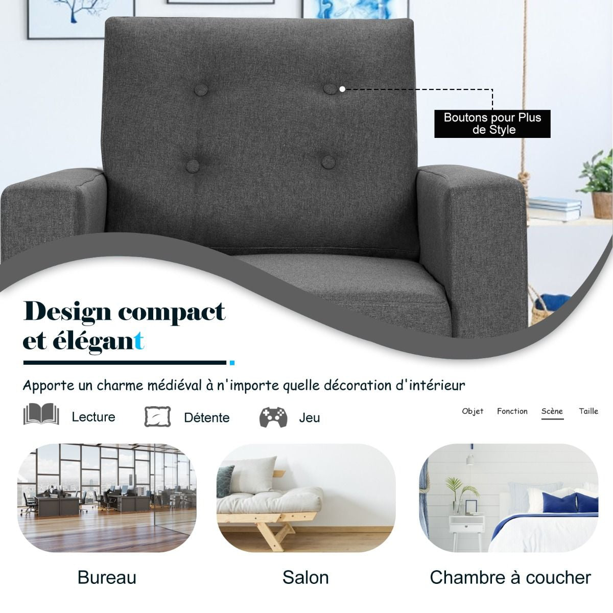 Fauteuil De Salon 1 Personne Avec Profondeur D'Assise 53Cm Canapé 1 Place Avec Pieds Bois D’Hévéa Pour Chambre Salon Bureau 81*67*86Cm Bleu/Beige/Gris