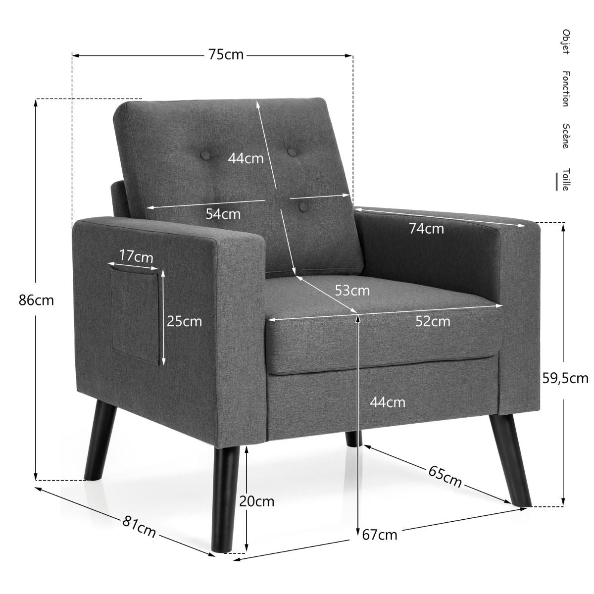 Fauteuil De Salon 1 Personne Avec Profondeur D'Assise 53Cm Canapé 1 Place Avec Pieds Bois D’Hévéa Pour Chambre Salon Bureau 81*67*86Cm Bleu/Beige/Gris