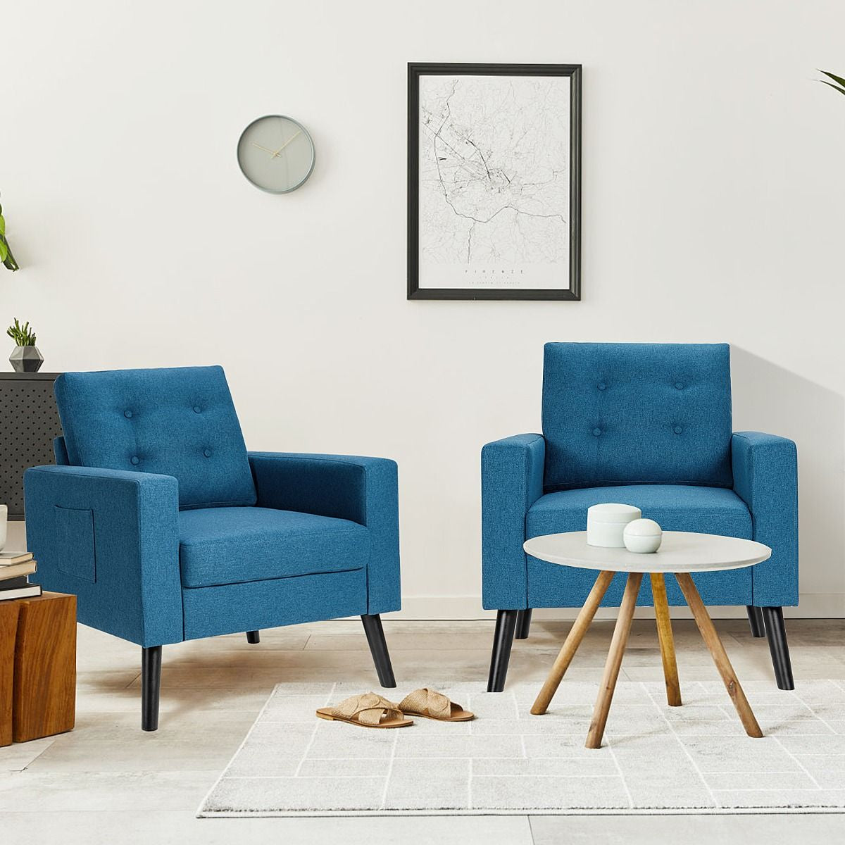 Fauteuil De Salon 1 Personne Avec Profondeur D'Assise 53Cm Canapé 1 Place Avec Pieds Bois D’Hévéa Pour Chambre Salon Bureau 81*67*86Cm Bleu/Beige/Gris