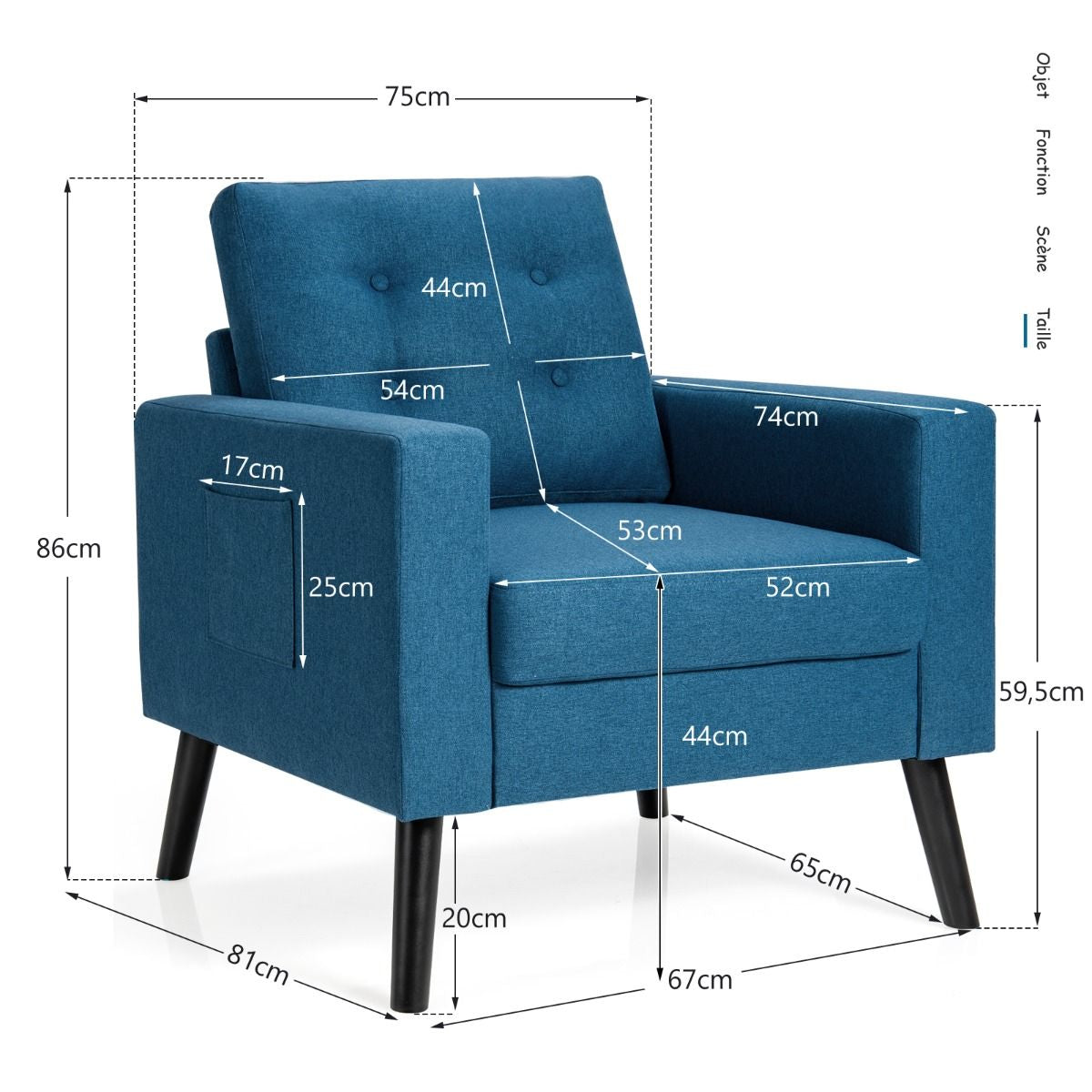Fauteuil De Salon 1 Personne Avec Profondeur D'Assise 53Cm Canapé 1 Place Avec Pieds Bois D’Hévéa Pour Chambre Salon Bureau 81*67*86Cm Bleu/Beige/Gris
