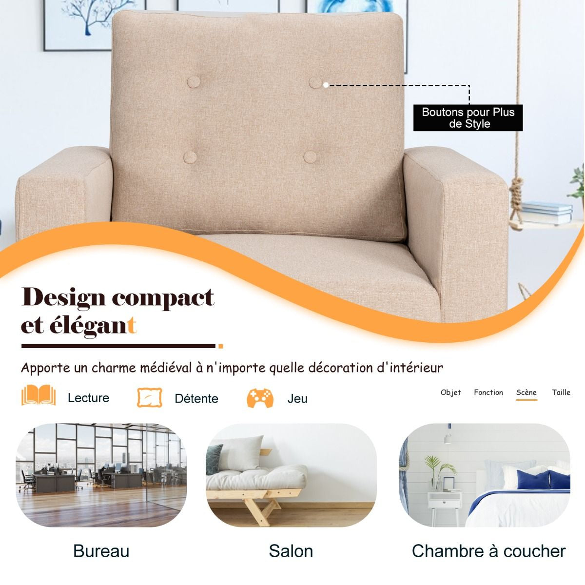 Fauteuil De Salon 1 Personne Avec Profondeur D'Assise 53Cm Canapé 1 Place Avec Pieds Bois D’Hévéa Pour Chambre Salon Bureau 81*67*86Cm Bleu/Beige/Gris