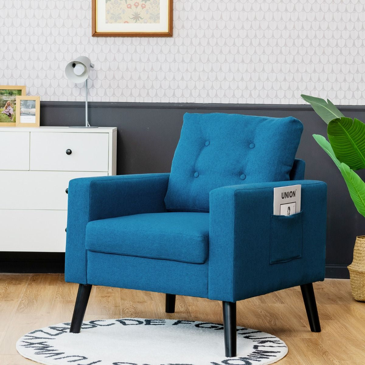 Fauteuil De Salon 1 Personne Avec Profondeur D'Assise 53Cm Canapé 1 Place Avec Pieds Bois D’Hévéa Pour Chambre Salon Bureau 81*67*86Cm Bleu/Beige/Gris